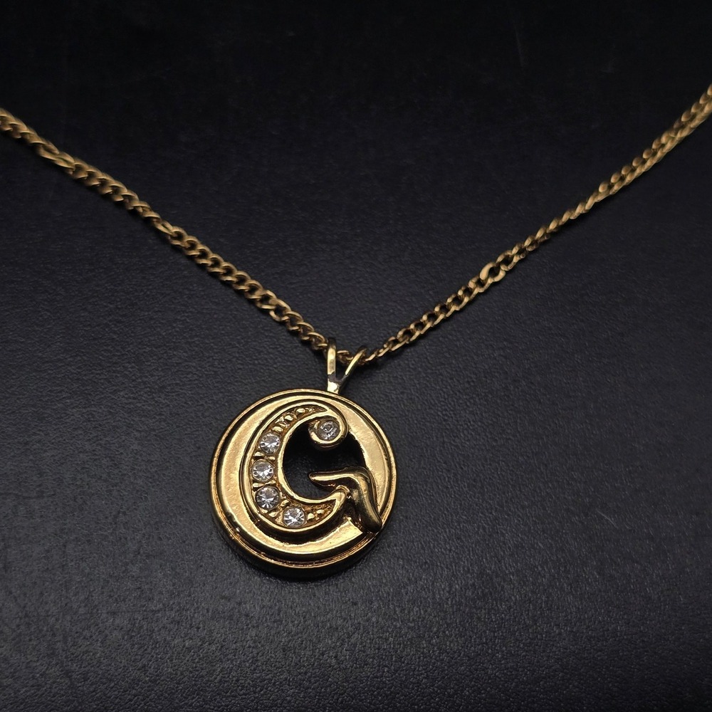 Avon 1987 Sparkling Initial G Necklace Letter G Pendant Gold Tone Rhinestone